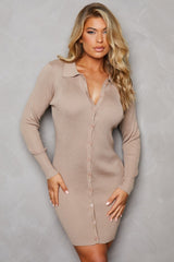 Mocha Ribbed Long Sleeve Button Up Bodycon Mini Shirt Dress - Steph