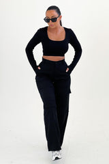 Black Button Up Double Pocket Cargo Trousers - Laya