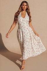 Cream Floral Halterneck Midaxi Skater Dress- Canal