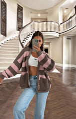 Pink Striped Chunky Knit Oversized Cardigan - Lottie