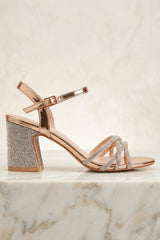 Champagne Diamanté Strappy Block Heel Sandals - Elara