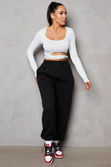 Black Oversized High Waisted Shirred Drawstring Pocket Detail Cuffed Joggers - Samira