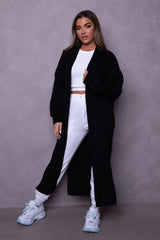 Black Knitted Balloon Sleeve Side Split Longline Midi Cardigan- Emmy