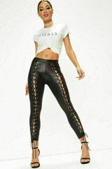 Black Faux Leather Lace Up Side Leggings- Cyna