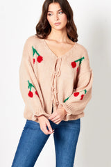 Pink Cherry Print Knit Tie Front Cardigan- Misha