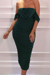 Emerald Bardot Cowl Neck Ruched Midi Dress - Malia
