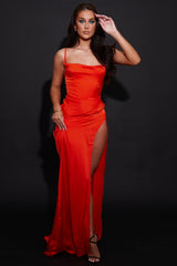 Orange Strappy Satin Side Split Maxi Dress - Karina