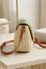 Beige Woven Beaded Flap Crossbody Bag - Wyaba