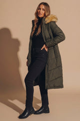 Khaki Longline Faux Fur Trim Puffer Jacket - Kiera