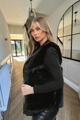 Black PU Faux Leather Faux Fur Gilet - Liana