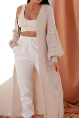 Stone Longline Rib Knitted Balloon Sleeve Pocket Detail Maxi Cardigan - Thea