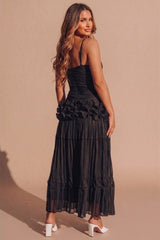 Black Ruched Bandeau Ruffle Detail Pleated Maxi Dress - Cilon