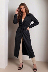 Black Faux Suede Belted Longline Trench Coat-Velmira