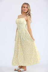 Yellow Floral Printed Strappy Front Buttons Midi Sundress - Clover