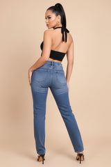 Washed Dark Blue High Waisted Distressed Slim Fit Jeans - Lowri