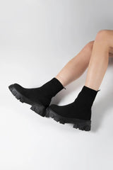 Black Cleated Pull On Knit Chunky Sole Sock Ankle Boots - Melissa