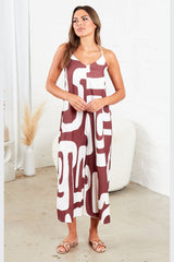 Brown And White Strappy Backless Geometric Print Wide Leg Jumpsuit - Renata