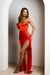 Light Orange Satin Strappy Ruched Detail Thigh Split Maxi Dress - Katrina