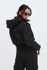 Black Cropped Padded Long Sleeve Zip Front Shower Proof Jacket - Harper