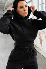Black Long Sleeve Cropped Fleece Hoodie & Cuffed Joggers Loungewear Set - Layla