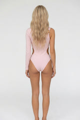 Light Pink Asymmetric One Sleeve Cut Out Bodysuit- Amia