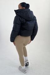 Black Hooded Drawstring Cropped Puffer Jacket - Stacey