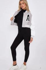 Grey Faux Leather Cropped Contrast Graphic Bomber Jacket - Bellara