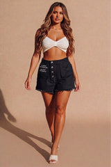Black Reversible Button Front Denim Shorts - Csara