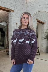 Wine Reindeer & Snowflake Pattern Knitted Christmas Jumper - Talia