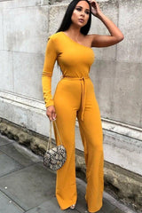Mustard Belted One Shoulder Jumpsuit - Evelyn