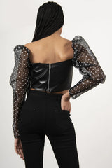 Black Sheer Polka Dot Mesh Long Sleeve Leather PU Crop Top - Esmera