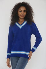 Blue Cable Knit V Neck Jumper with Stripe Trim - Somia