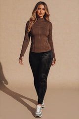 Chocolate High Neck Fitted Zip Up Lightweight Jacket - Sovanna