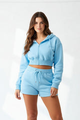 Light Blue Zip Up Hoodie & High Waisted Shorts Co-ord Set - Eliza