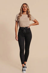 Black Lace Up High Waist Skinny Jeans-Lava