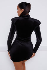 Black Velvet Square Neck Long Sleeve Padded Shoulder Bodycon Mini Dress - Eliana
