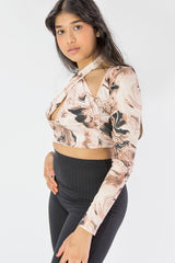 Beige Marble Print Slinky Cross Wrap Halter Crop Top - Donelia