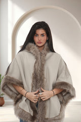 Beige Faux Fur Trim Hooded Cape – Leah