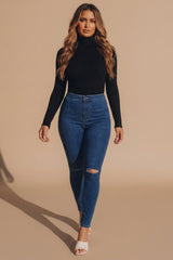Blue High Waisted Skinny Soft Touch Skinny Jeans With Rip Detail  - Delilah