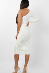 White One Shoulder Ruched Slinky Midi Dress - Savannah