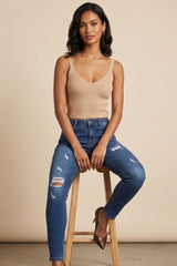 Mid Blue Distressed High Waisted Skinny Jeans- Lorvella