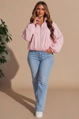 Pink Zip Front Windbreaker Balloon Sleeve Jacket -Tiarn
