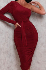 Wine One Shoulder Ruched Slinky Midi Dress - Savannah