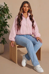Pink Zip Front Windbreaker Balloon Sleeve Jacket -Tiarn
