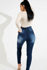 Blue Dark Wash High Waisted Ripped Knee Skinny Jeans - Davina
