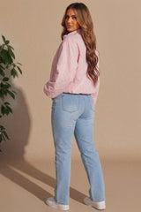 Pink Zip Front Windbreaker Balloon Sleeve Jacket -Tiarn