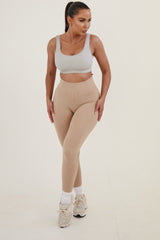 Beige High Waisted Wide Band Activewear Leggings - Yanis