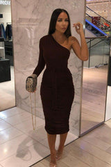 Brown One Shoulder Ruched Slinky Midi Dress - Savannah