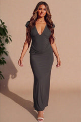Taupe Slinky Plunge Ruched Shoulder Drape Waist Double Layer Maxi Dress - Josalía