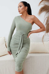 Sage One Shoulder Ruched Slinky Midi Dress - Savannah